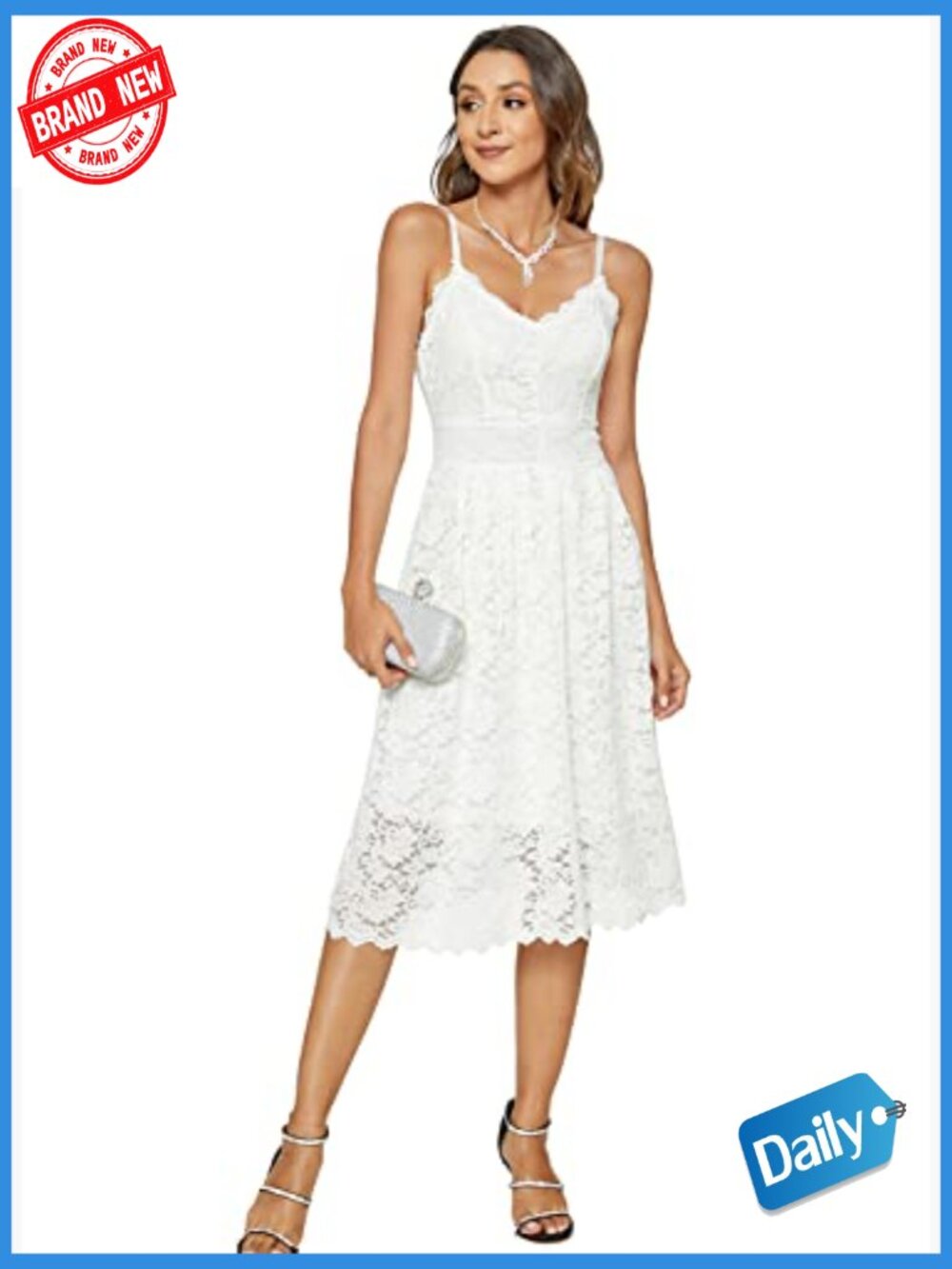 Lace Floral Spaghetti Strap V Neck Swing Cocktail Midi Dress - Picture 6 of 7